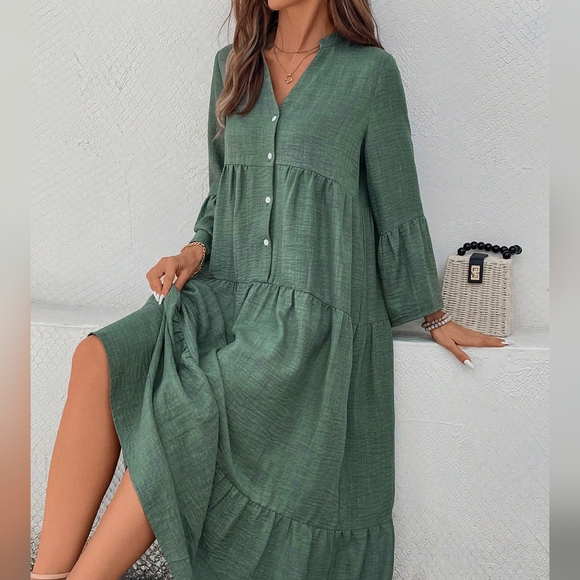 Women's Notched Neck Single-Breasted Long Sleeve Casual Dress - Picture 5 of 5